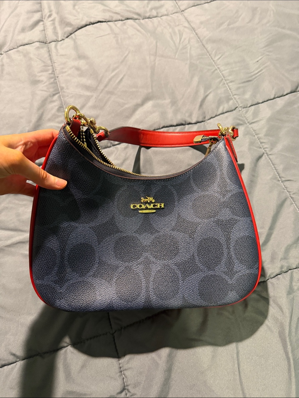 Coach Navy Signature Shoulder Bag with Red Trim
